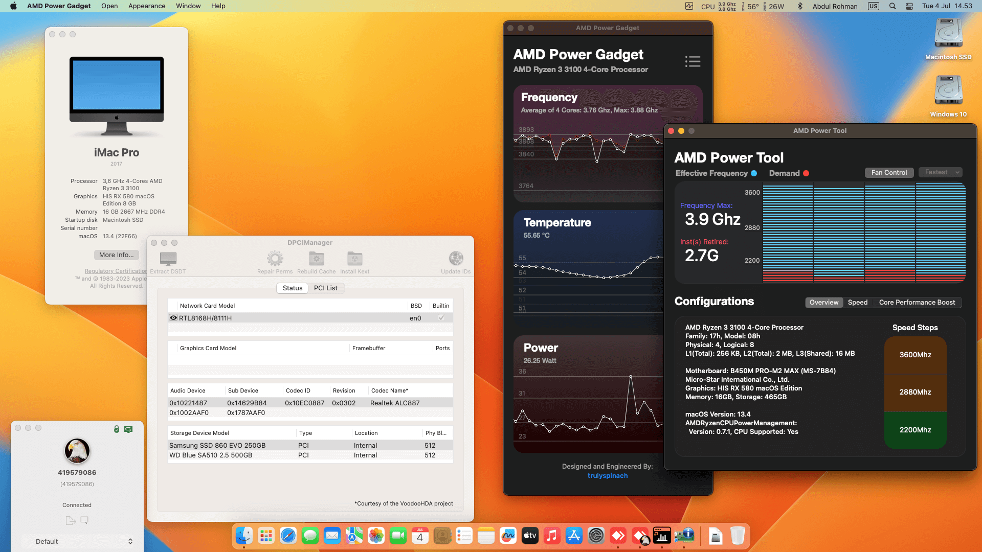 Success Hackintosh macOS Ventura 13.4 Build 22F66 in MSI B450M Pro-M2 MAX + AMD Ryzen 3 3100 + HIS RX 580